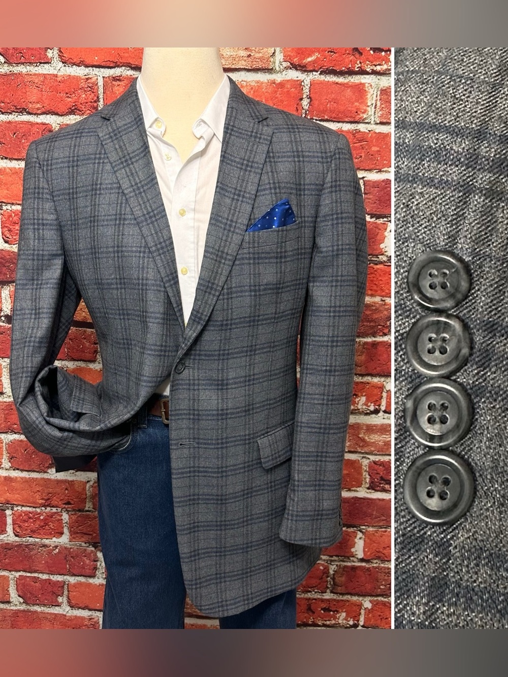 JOS A BANK BLAZER MENS SZ 46 XL EXTRA LONG GRAY BLUE WINDOWPANE PLAID SPORT COAT